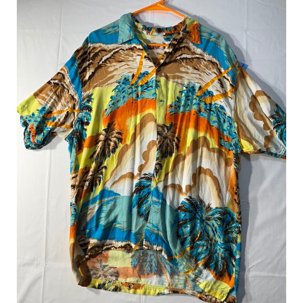 Thums Up For Him Vintage Tropical Palm Tree Rayon Button Up Shirt Mens XL
